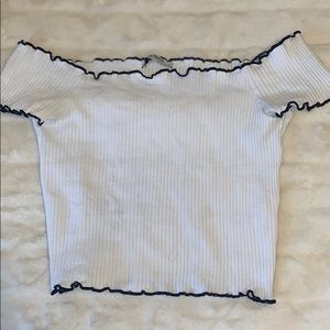 White and blue off the shoulder crop top